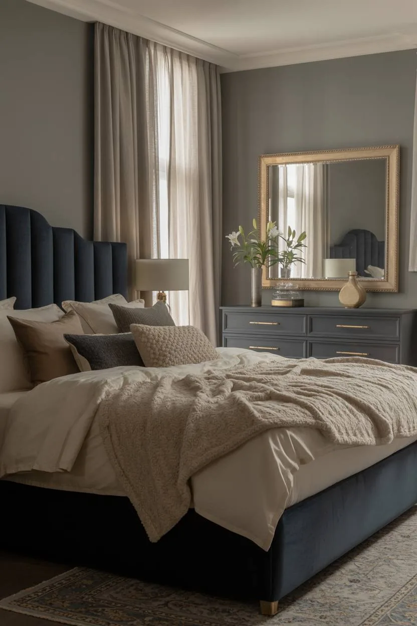 31 Blue and Cream Bedroom Ideas to Inspire Your Dream Space 23 Master bedroom with dark blue velvet headboard, ornate mirror, and white lilies
