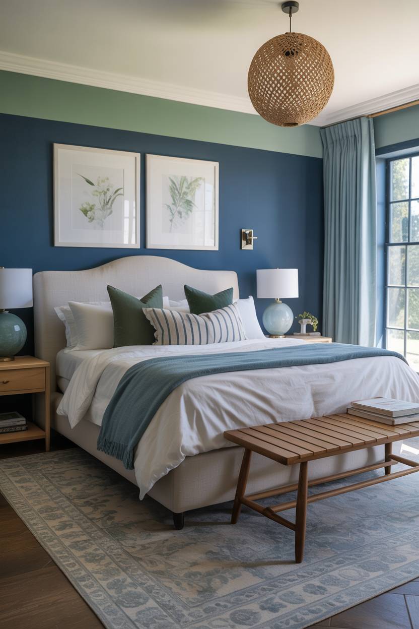 Modern bedroom with navy and sage green two-tone walls, rattan pendant light