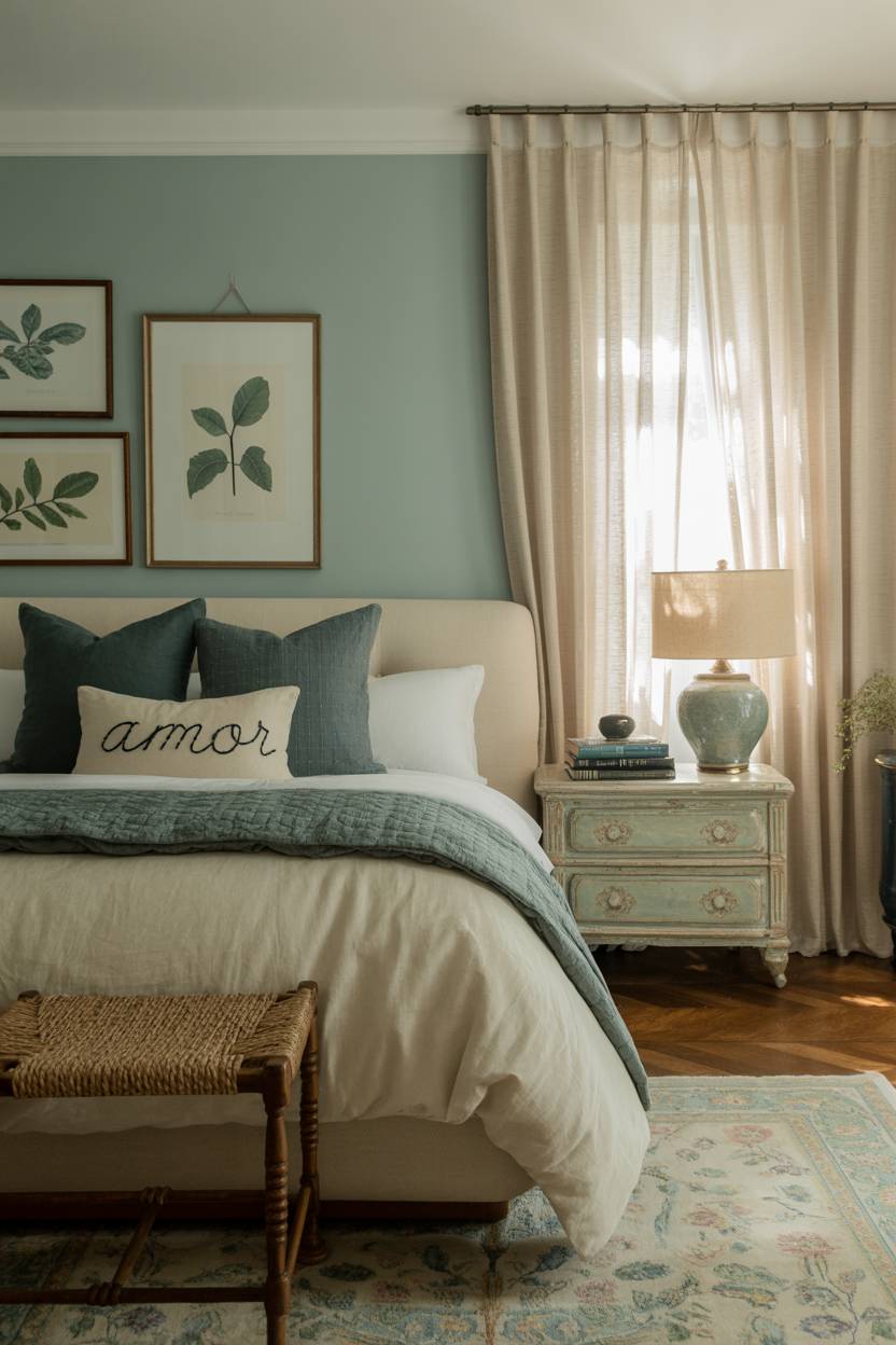 Master bedroom with hand-stitched Amor pillow, botanical prints gallery wall