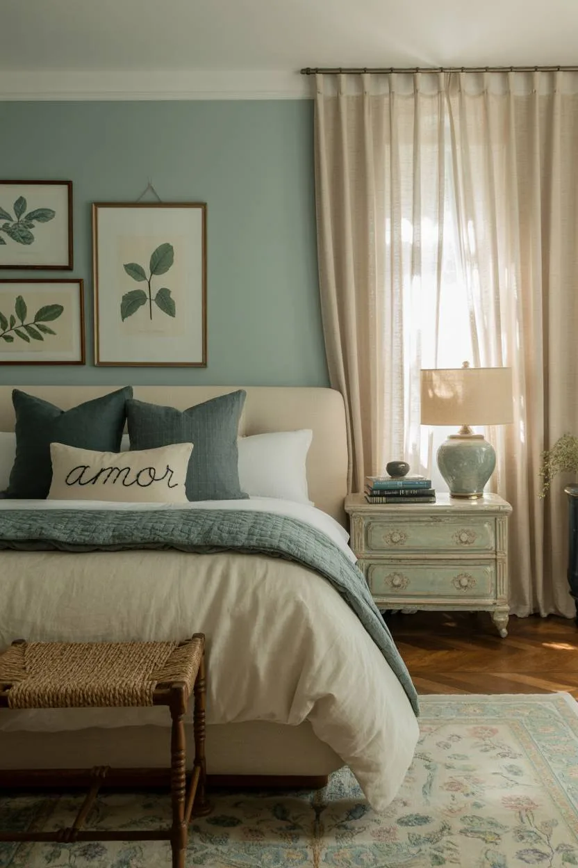 31 Blue and Cream Bedroom Ideas to Inspire Your Dream Space 25 Master bedroom with hand-stitched Amor pillow, botanical prints gallery wall