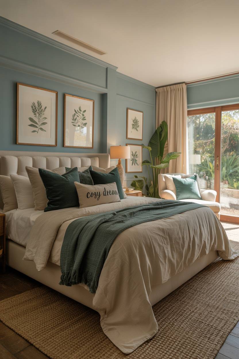 Blue bedroom with deep teal and forest green pillows, Cozy Dreams decorative pillow