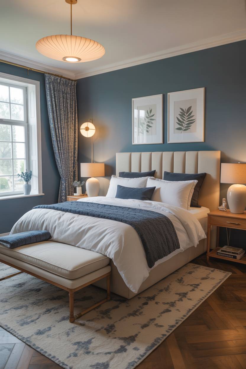 Modern bedroom with teal blue walls, vertical tufted headboard, and herringbone floors