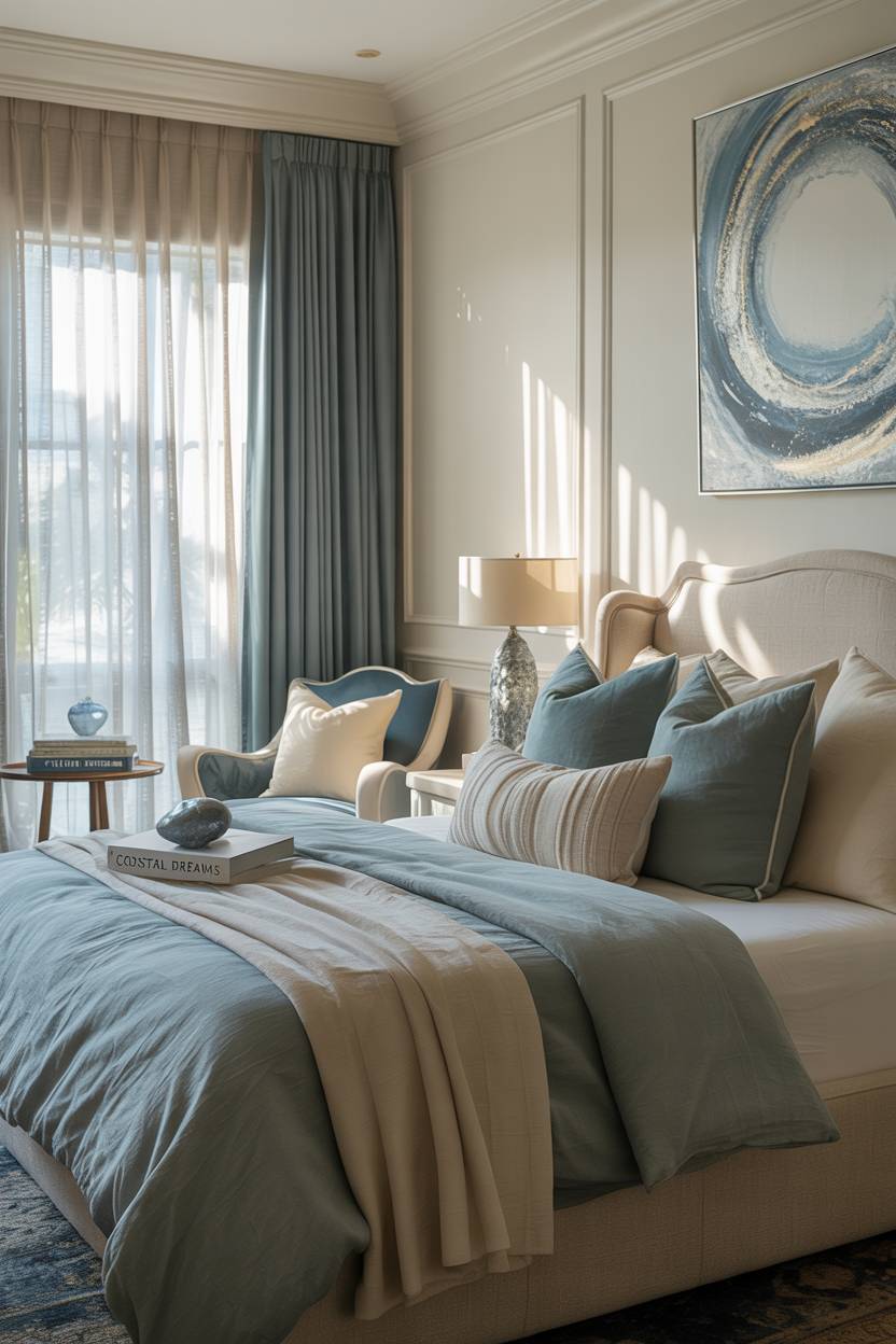 Slate blue and cream bedroom with books titled Coastal Dreams and abstract blue painting