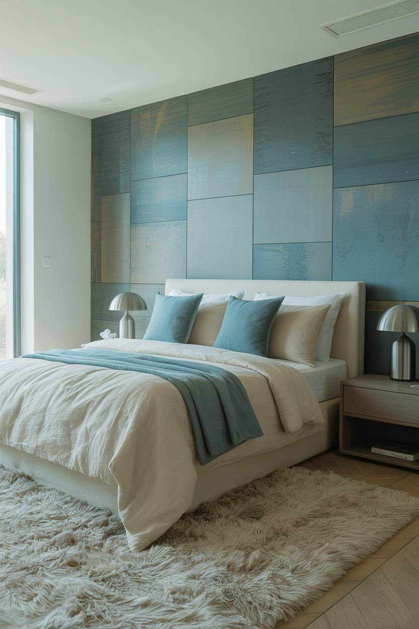 Master bedroom with textured slate blue accent wall and cream linen bedding