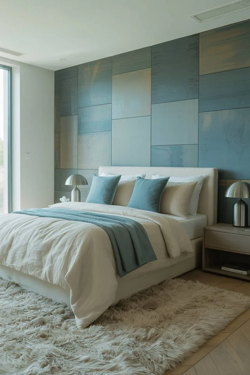 31 Blue and Cream Bedroom Ideas to Inspire Your Dream Space 29 Master bedroom with textured slate blue accent wall and cream linen bedding