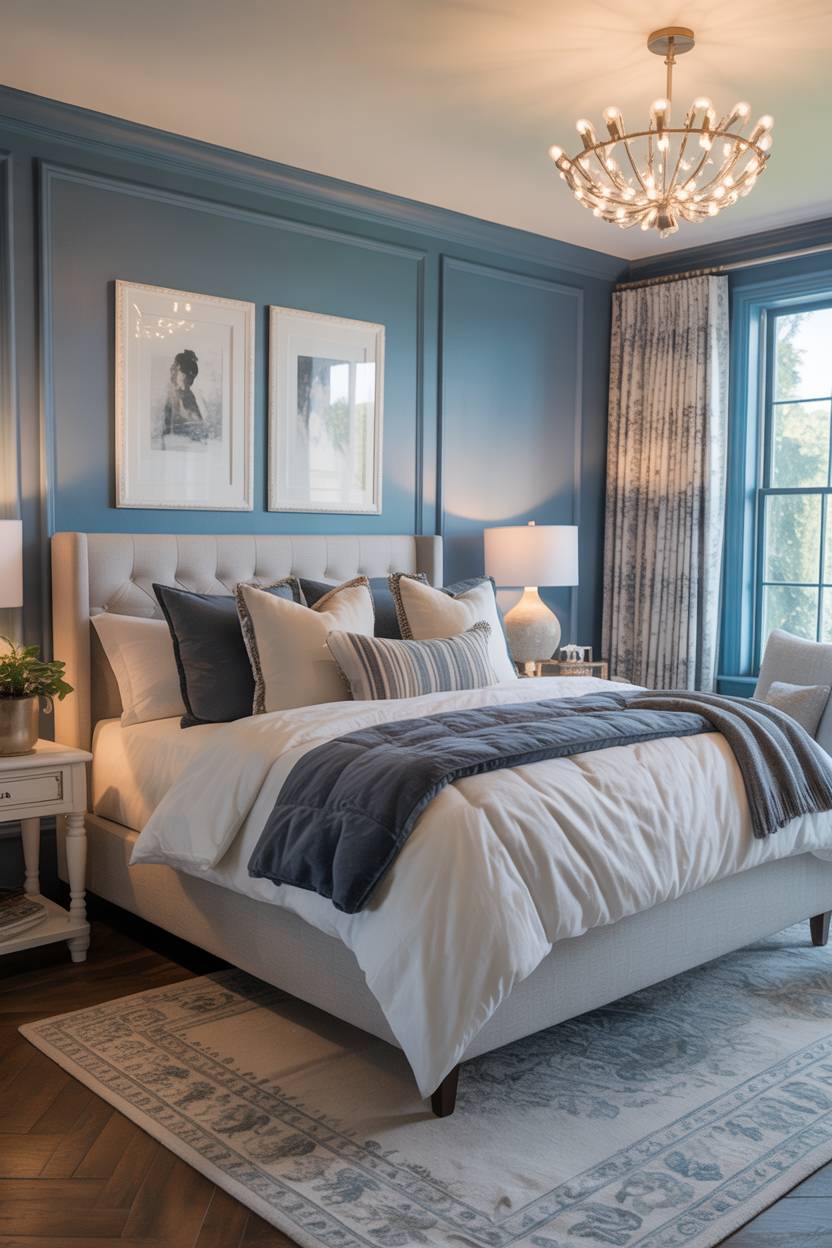 Powder blue bedroom with vertical panel detailing, brass chandelier, and tufted headboard