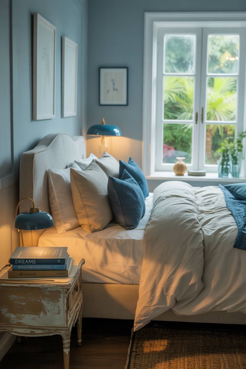 Cozy small bedroom with pale blue walls, vintage nightstand, and garden views