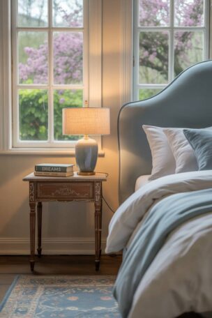 A cream and blue bedroom