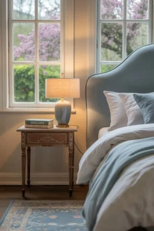 A cream and blue bedroom