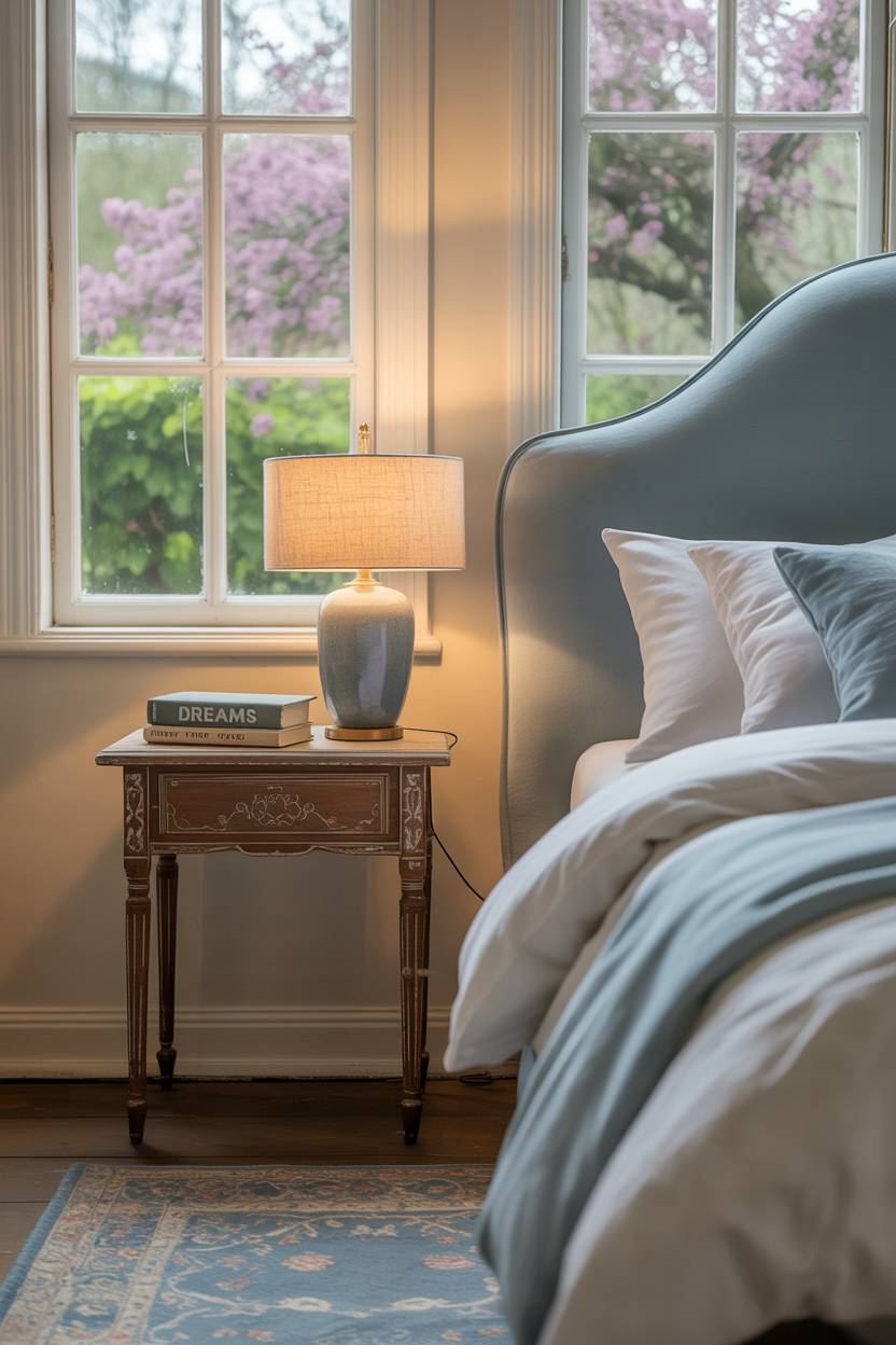 A cream and blue bedroom