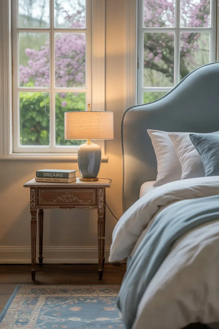 A cream and blue bedroom