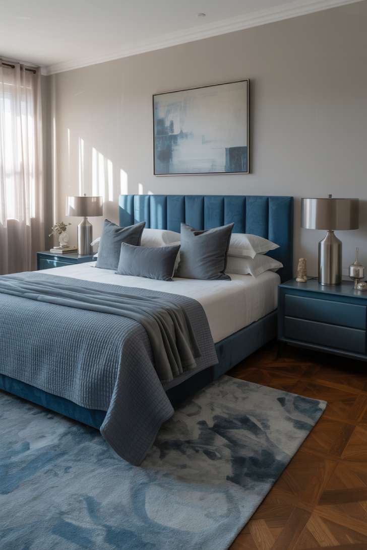 Serene bedroom featuring light blue linen headboard with grey throw pillows