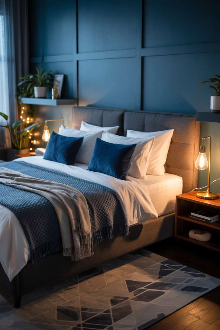 Cozy bedroom with midnight blue feature wall and charcoal grey bed