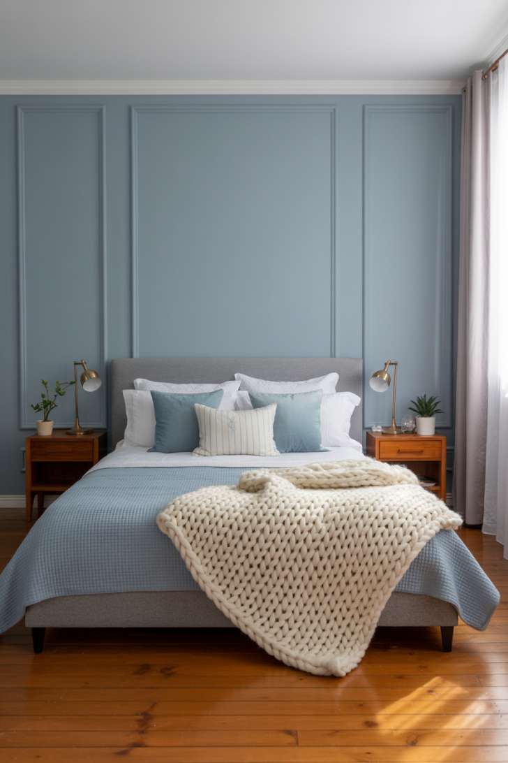 Cozy bedroom with grey upholstered bed and powder blue pillows