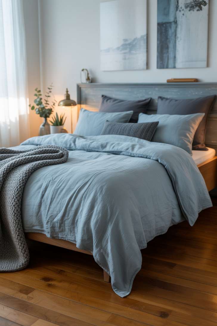 Bedroom featuring a weathered grey wood headboard with powder blue linens