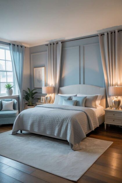 A blue and grey bedroom design