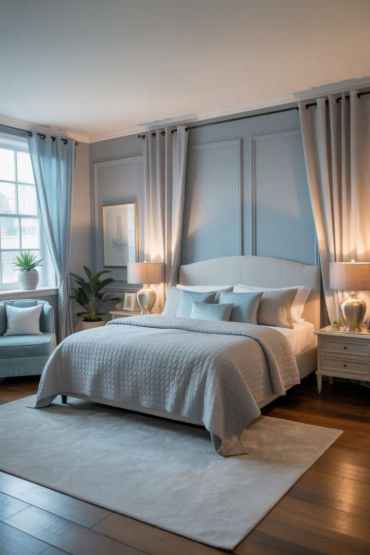 A blue and grey bedroom design