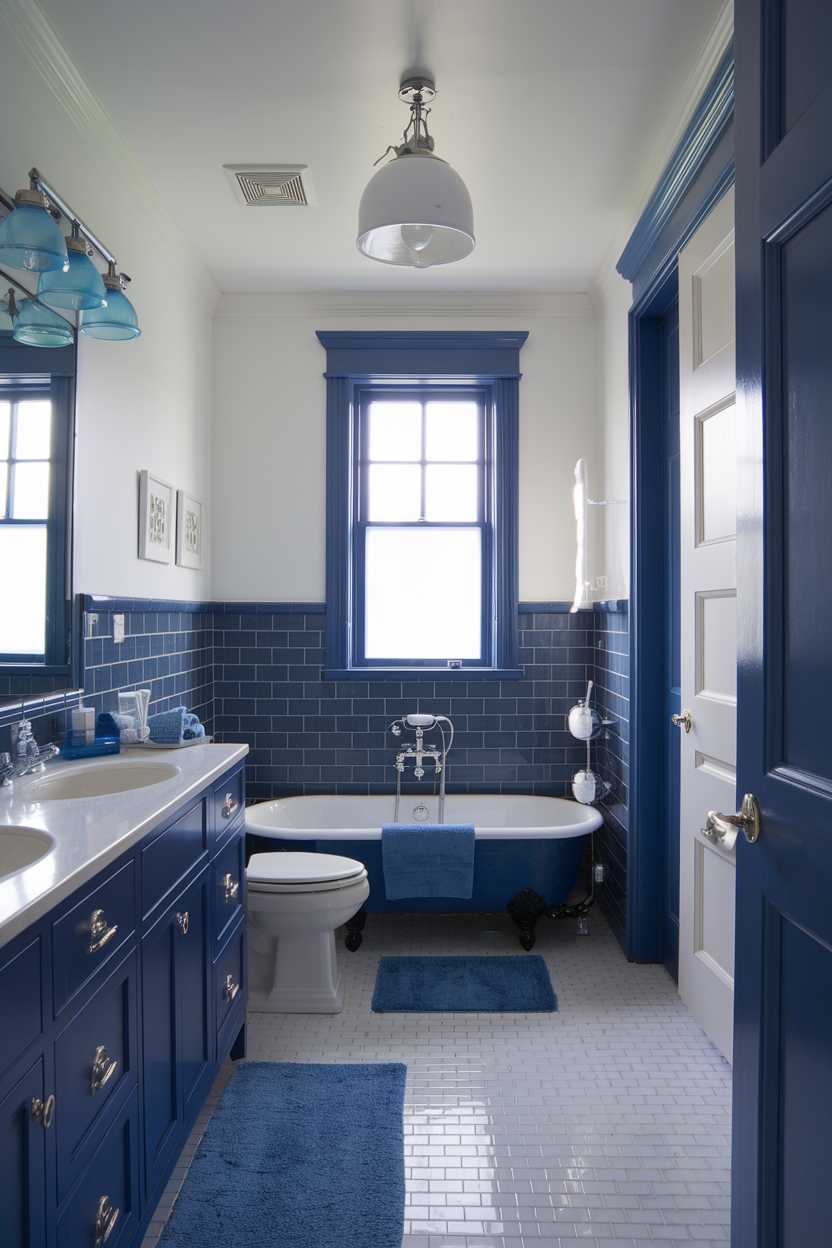 A blue and white bathroom