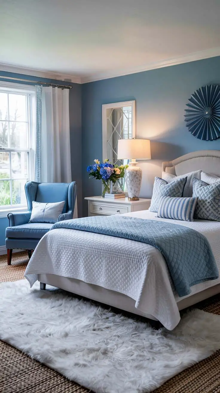 23 Stylish Blue and White Bedroom Ideas You’ll Love 1 Stylish blue and white bedroom with plush bed, blue quilt, decorative pillows, and white shag rug