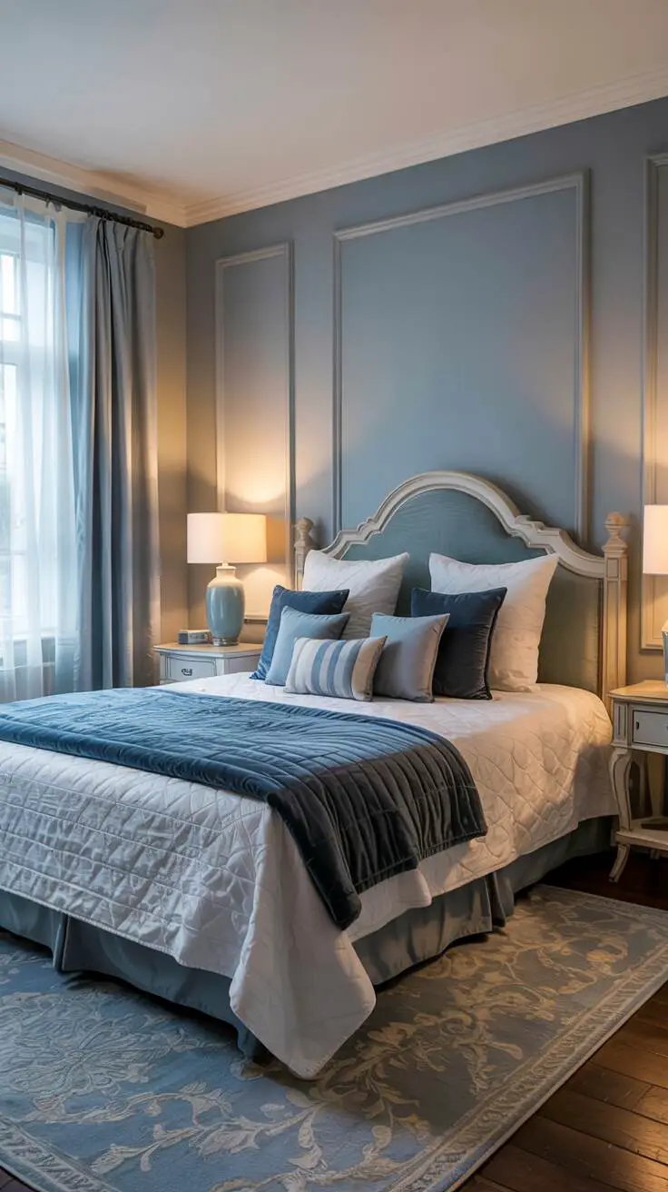 23 Stylish Blue and White Bedroom Ideas You’ll Love 2 King-sized bed with white quilt and blue accent pillows against light blue wall with white wooden headboard