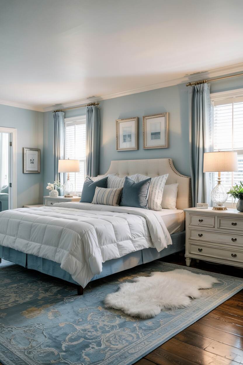 23 Stylish Blue and White Bedroom Ideas You’ll Love 3 Comfortable king-sized bed with white comforter and blue pillows, plush white rug on hardwood floor