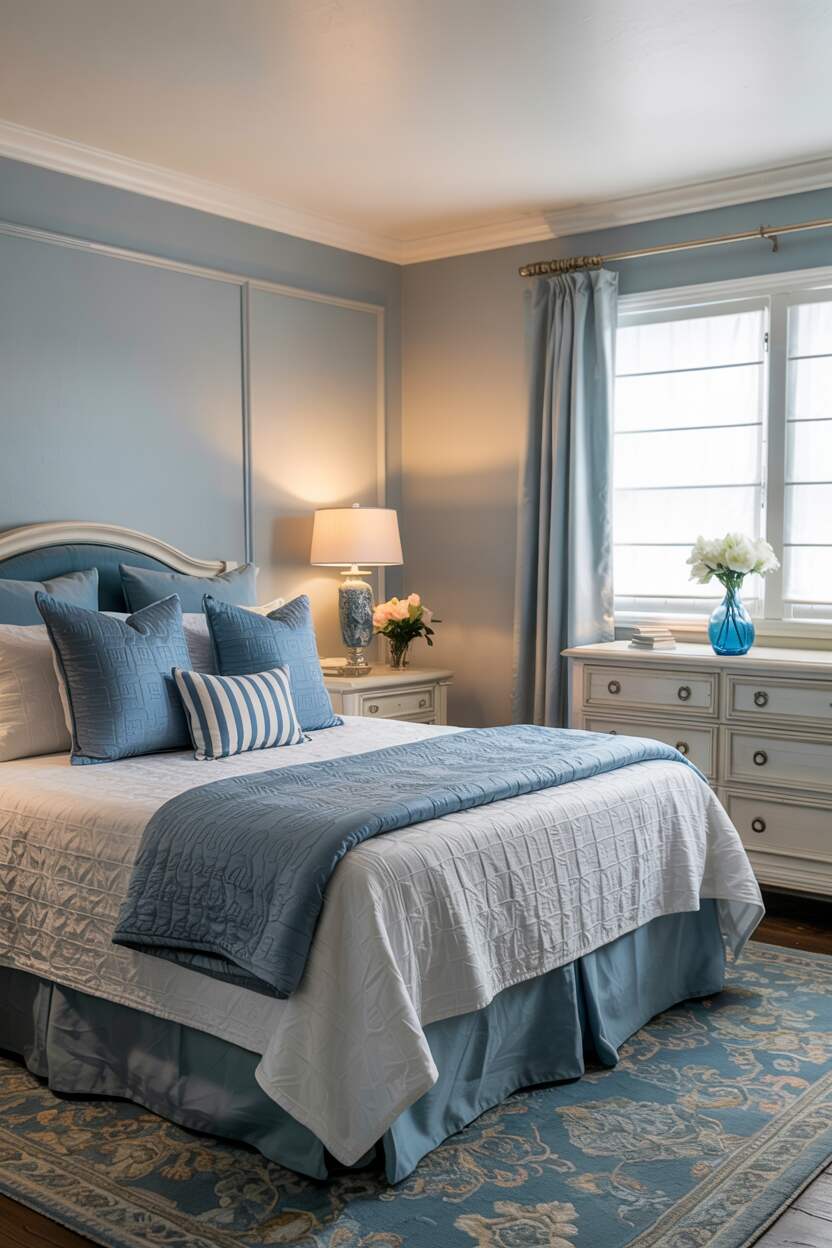 23 Stylish Blue and White Bedroom Ideas You’ll Love 4 Queen-sized bed with white quilt and blue throw pillows, white wooden dresser and nightstand with blue vase