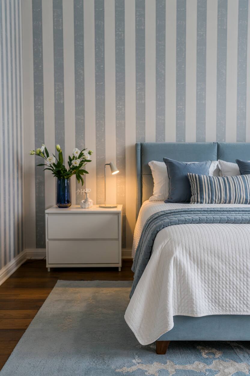 23 Stylish Blue and White Bedroom Ideas You’ll Love 5 Queen-sized bed with white quilt and blue throw pillows against blue and white striped wallpaper