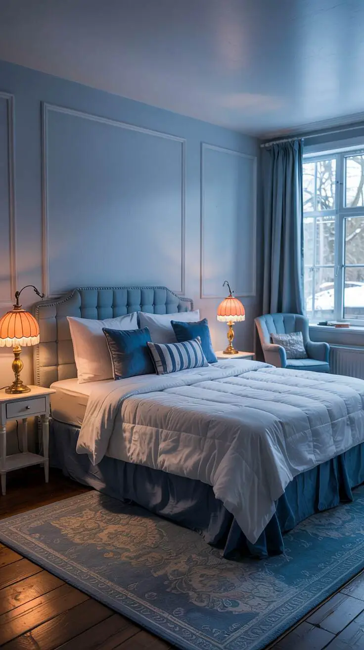 23 Stylish Blue and White Bedroom Ideas You’ll Love 7 Queen-sized bed with white duvet and blue pillows in a pale blue room with snowy landscape view