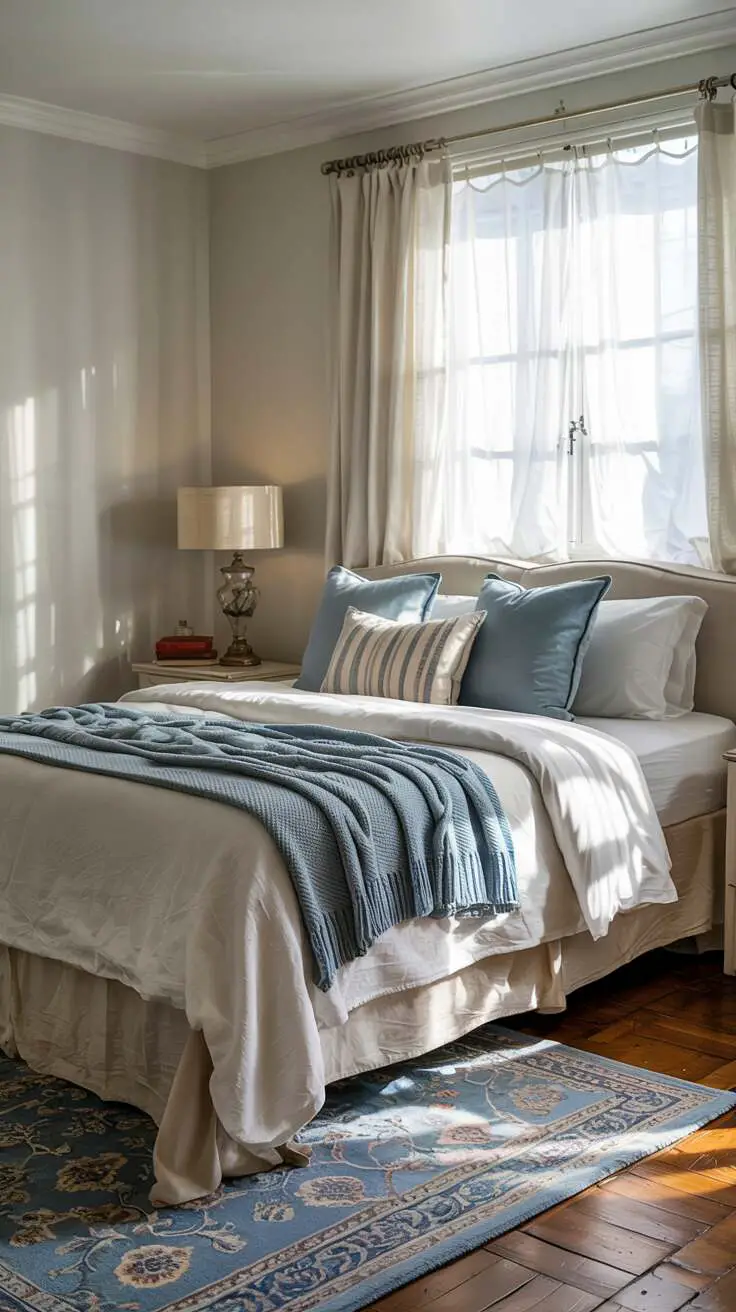 23 Stylish Blue and White Bedroom Ideas You’ll Love 8 King-sized bed with white linens and light blue knitted throw, patterned blue and white rug on wooden floor