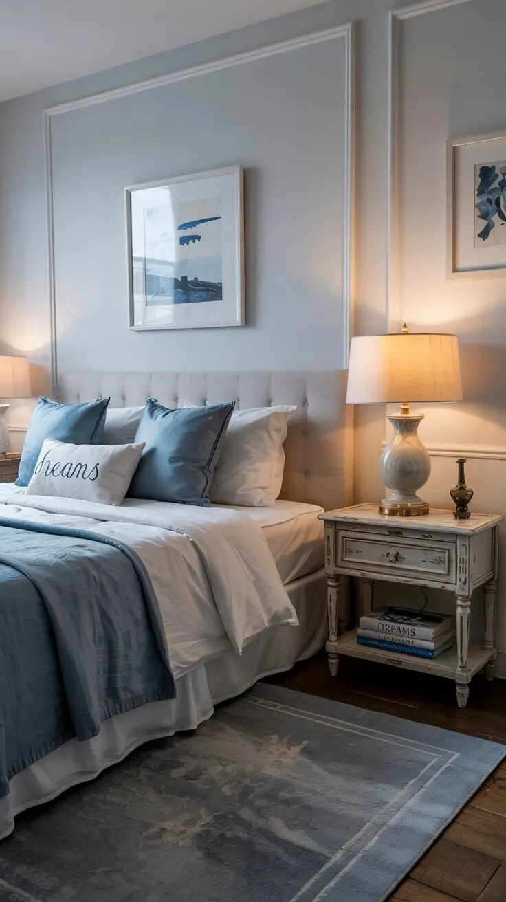23 Stylish Blue and White Bedroom Ideas You’ll Love 9 King-size bed with white linen and light blue throw pillows, vintage nightstand with "Dreams" book