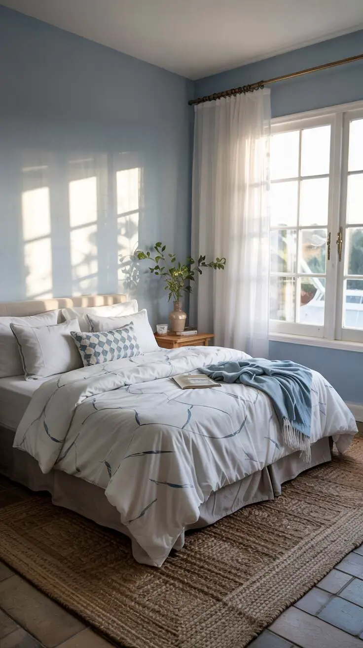 23 Stylish Blue and White Bedroom Ideas You’ll Love 10 King-sized bed with white duvet featuring blue geometric pattern, woven seagrass rug beneath