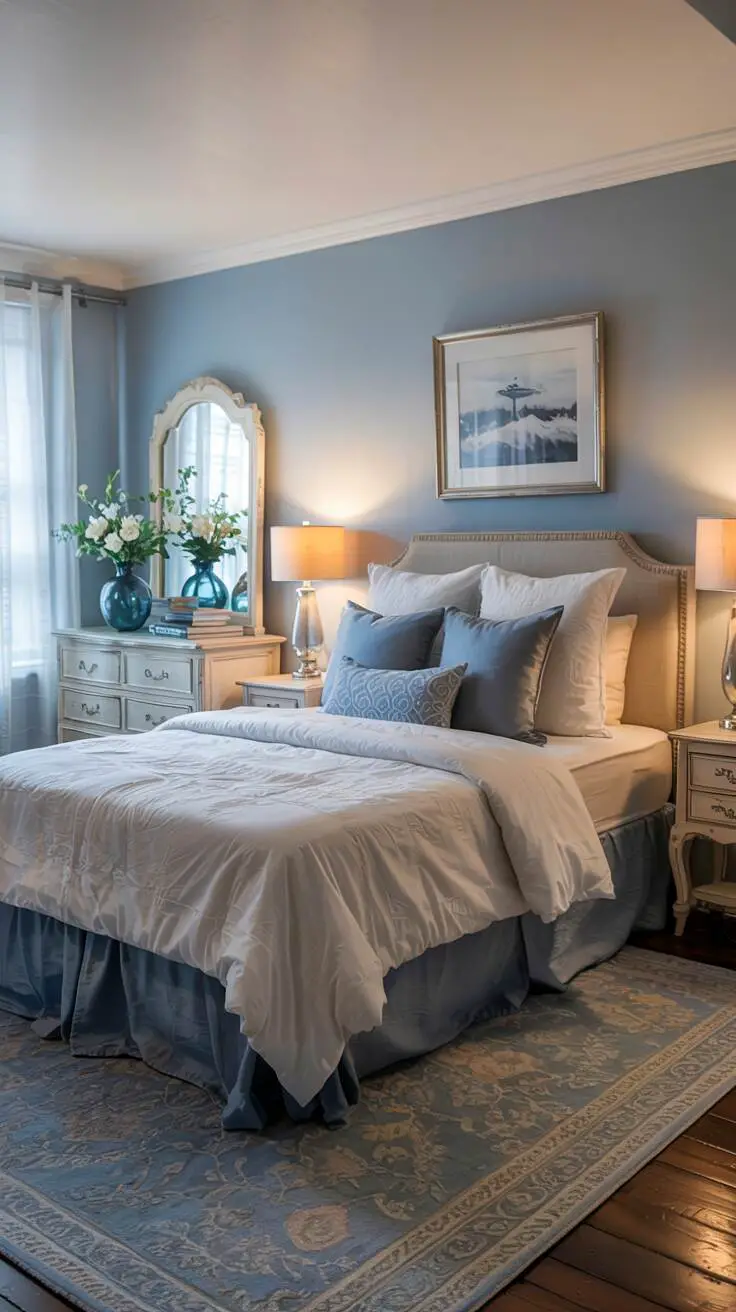 23 Stylish Blue and White Bedroom Ideas You’ll Love 11 Queen-size bed with white duvet and blue throw pillows, vintage white wooden dresser with mirror