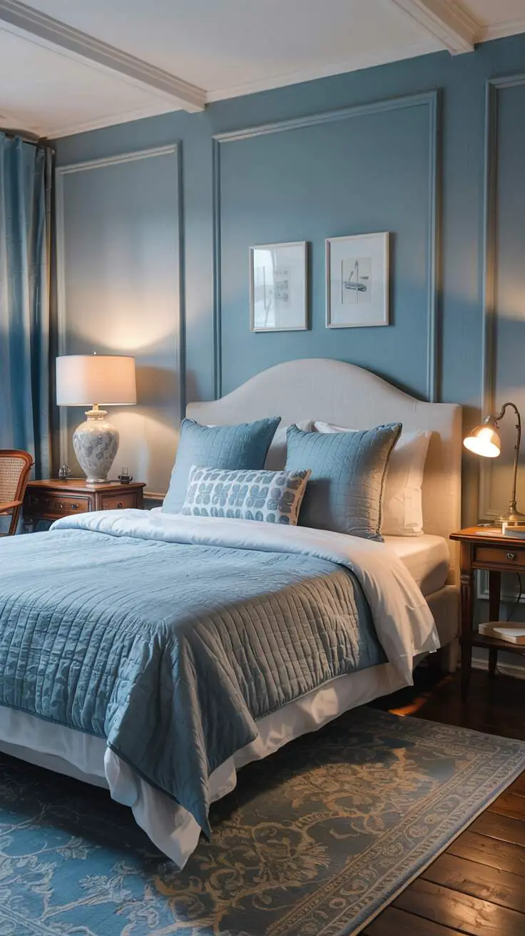 23 Stylish Blue and White Bedroom Ideas You’ll Love 12 Plush white bed with soft blue duvet and matching pillows, wooden furniture and simple white frames
