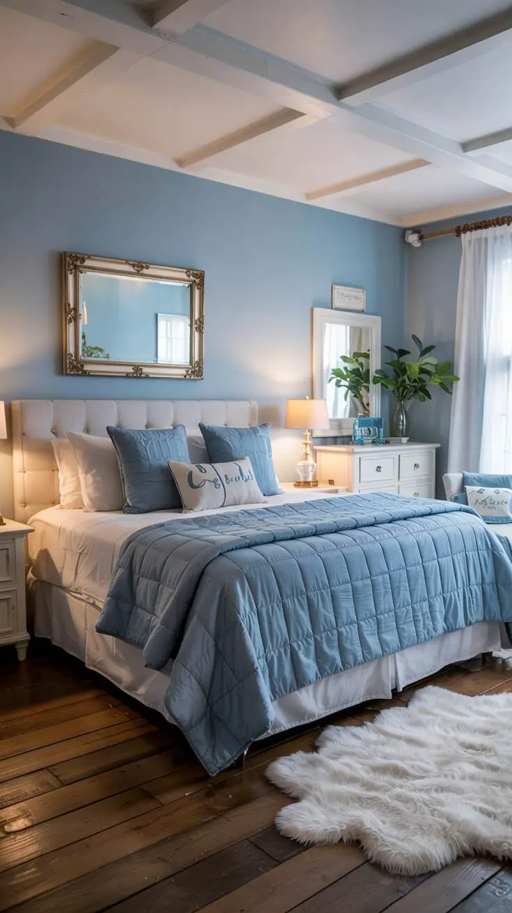 23 Stylish Blue and White Bedroom Ideas You’ll Love 14 King-size bed with white linens and blue quilted comforter, sky blue walls with white wooden dresser and vintage mirror