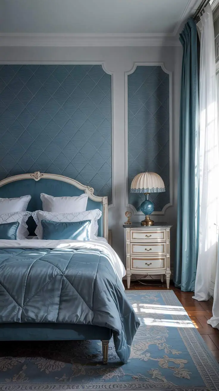 23 Stylish Blue and White Bedroom Ideas You’ll Love 15 Plush white bed with blue duvet and white lace pillows against blue geometric patterned wall