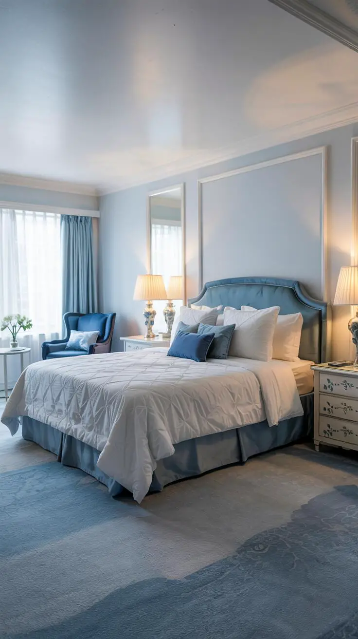 23 Stylish Blue and White Bedroom Ideas You’ll Love 16 King-sized bed with plush white duvet and blue pillows, white nightstands with blue floral patterns
