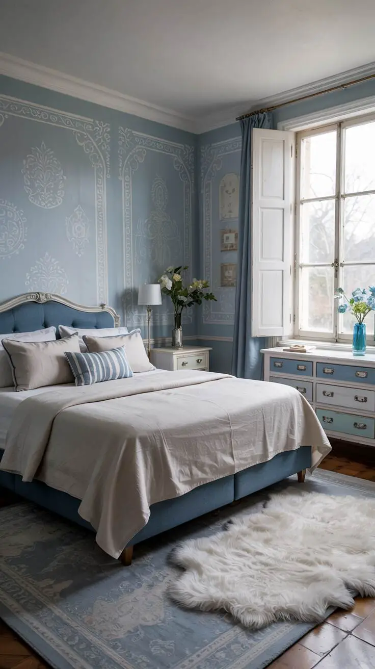 23 Stylish Blue and White Bedroom Ideas You’ll Love 17 Queen-sized bed with white linen duvet and blue pillows against pastel blue wall with intricate wallpaper