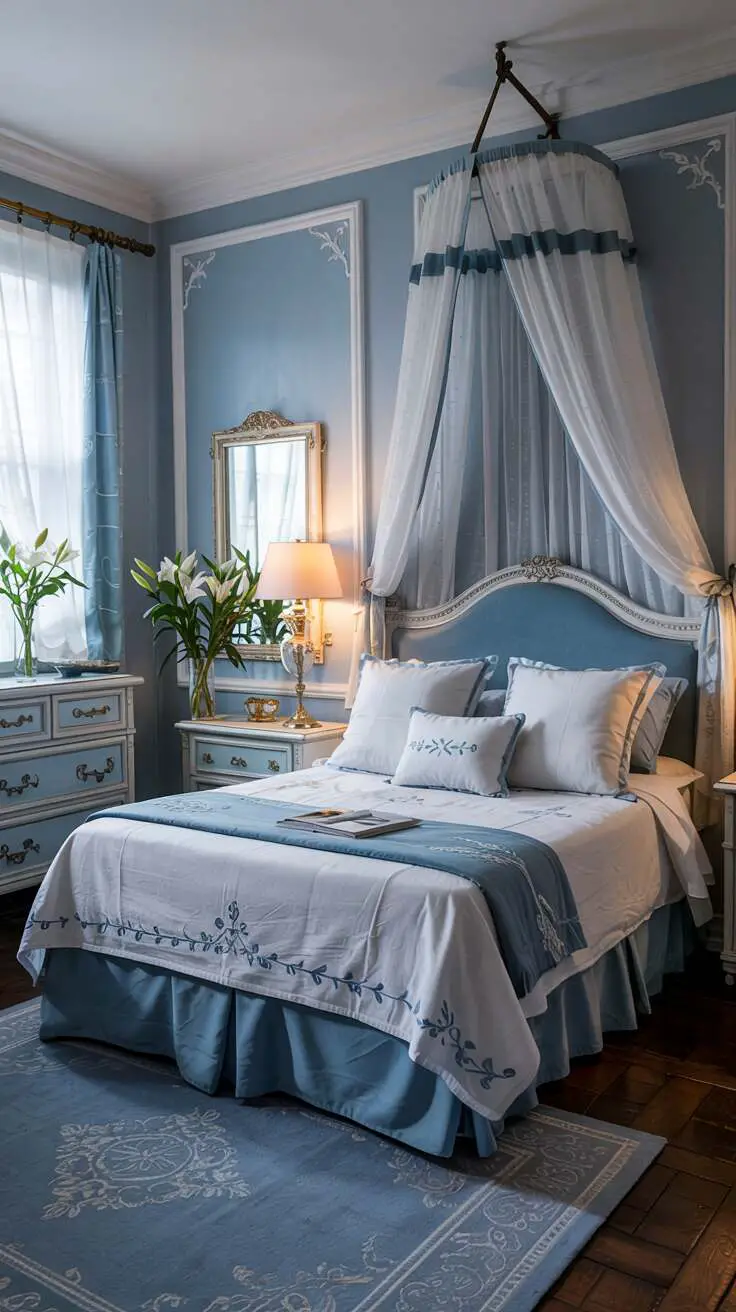 23 Stylish Blue and White Bedroom Ideas You’ll Love 18 Queen-sized bed with white canopy and blue embroidered linens, white wooden dresser with vase of white lilies