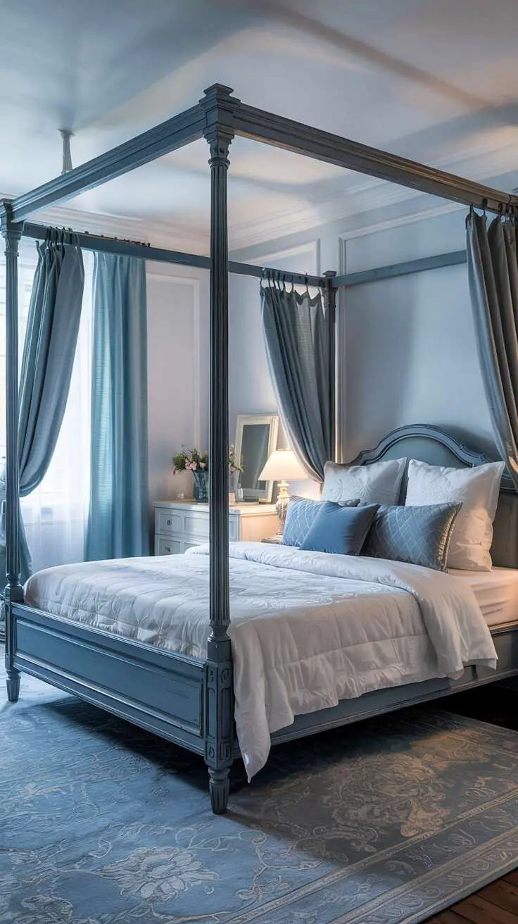 23 Stylish Blue and White Bedroom Ideas You’ll Love 19 Large canopy bed with plush white duvet and soft blue pillows set against dark blue wooden frame