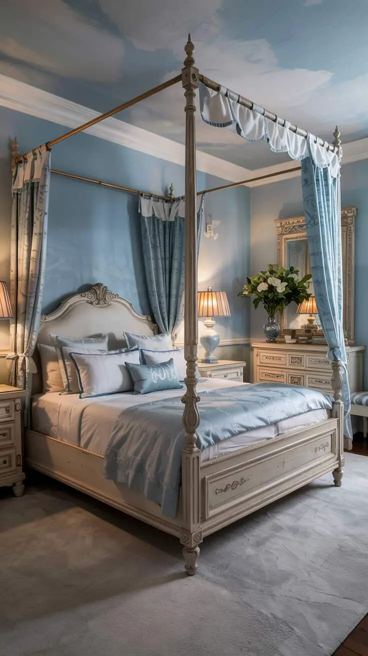 23 Stylish Blue and White Bedroom Ideas You’ll Love 20 Canopy bed with white linens and light blue duvet, ornate blue lamps and white wooden dresser with intricate carvings