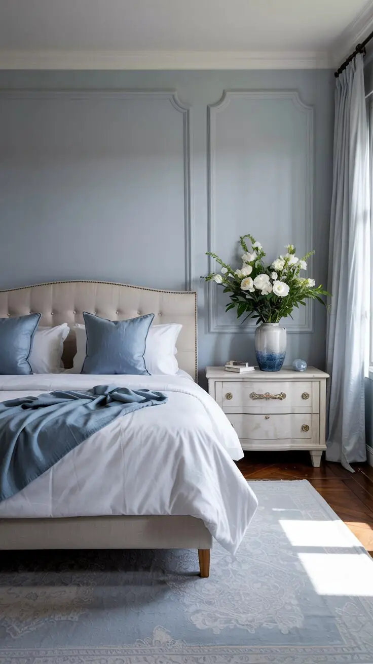 23 Stylish Blue and White Bedroom Ideas You’ll Love 21 King-sized bed with white comforter and blue throw pillows, white nightstand with minimalist blue vase