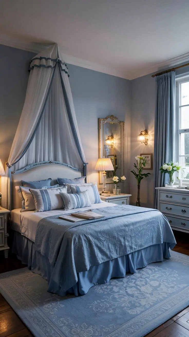 23 Stylish Blue and White Bedroom Ideas You’ll Love 22 Queen-sized bed with white canopy and blue bedding, blue and white dresser with a vase of white flowers