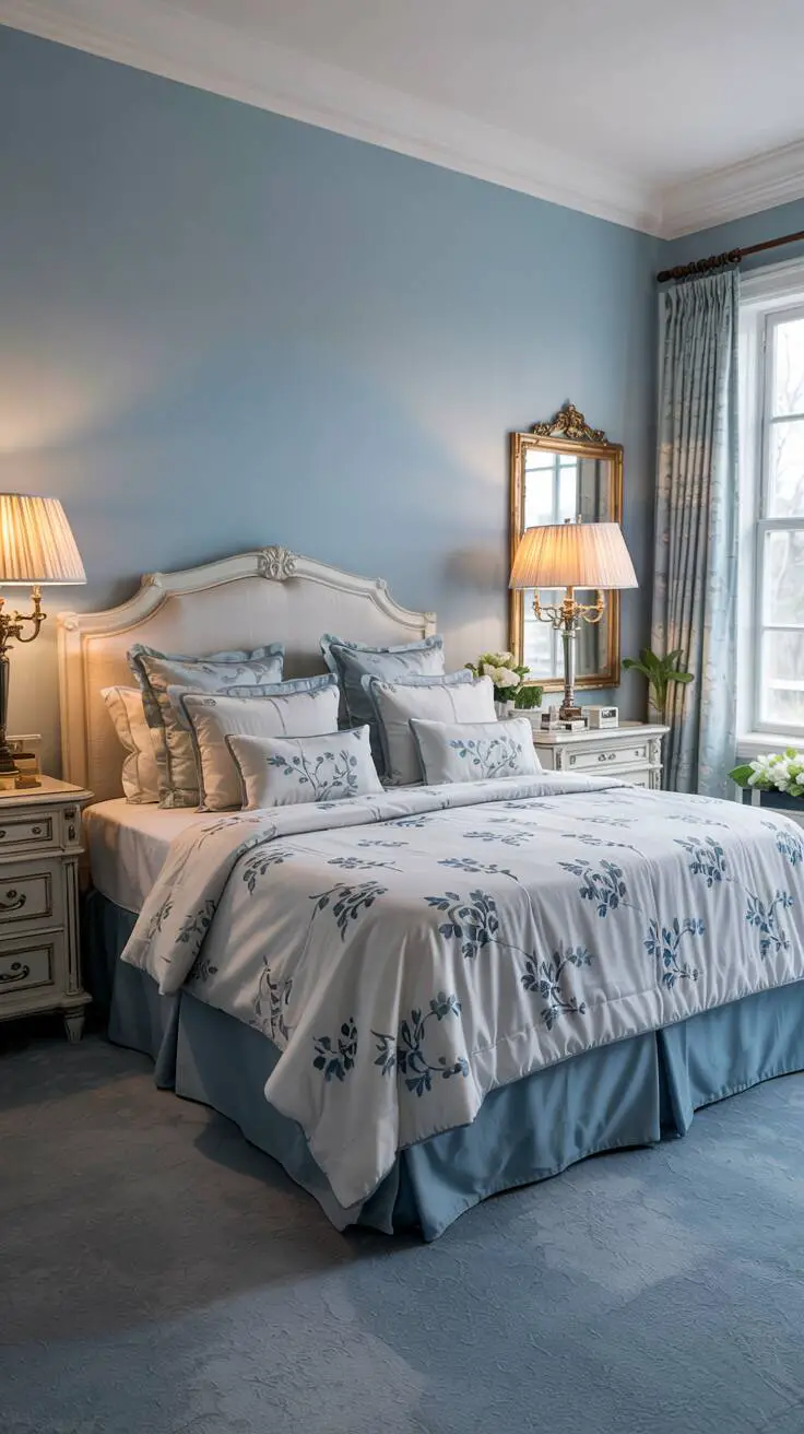 23 Stylish Blue and White Bedroom Ideas You’ll Love 23 King-sized bed with white comforter adorned with blue floral patterns, antique brass lamps on matching bedside tables