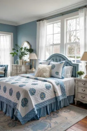 A blue and white bedroom decor