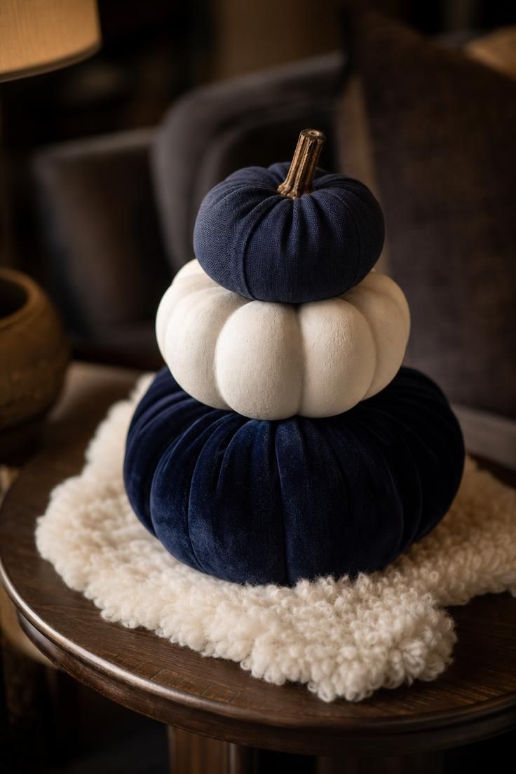 11 Cozy Blue and White Fall Decor Ideas for Warmth 3 A stack of navy velvet, white ceramic, and indigo linen faux pumpkins on a dark walnut table draped with cream faux sheepskin.