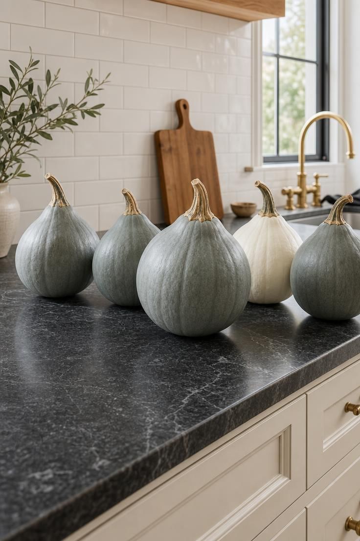 11 Cozy Blue and White Fall Decor Ideas for Warmth 5 Five blue-grey Crown Prince gourds and one white Lumina gourd arranged on a dark soapstone kitchen counter with a brass faucet and wooden cutting board.