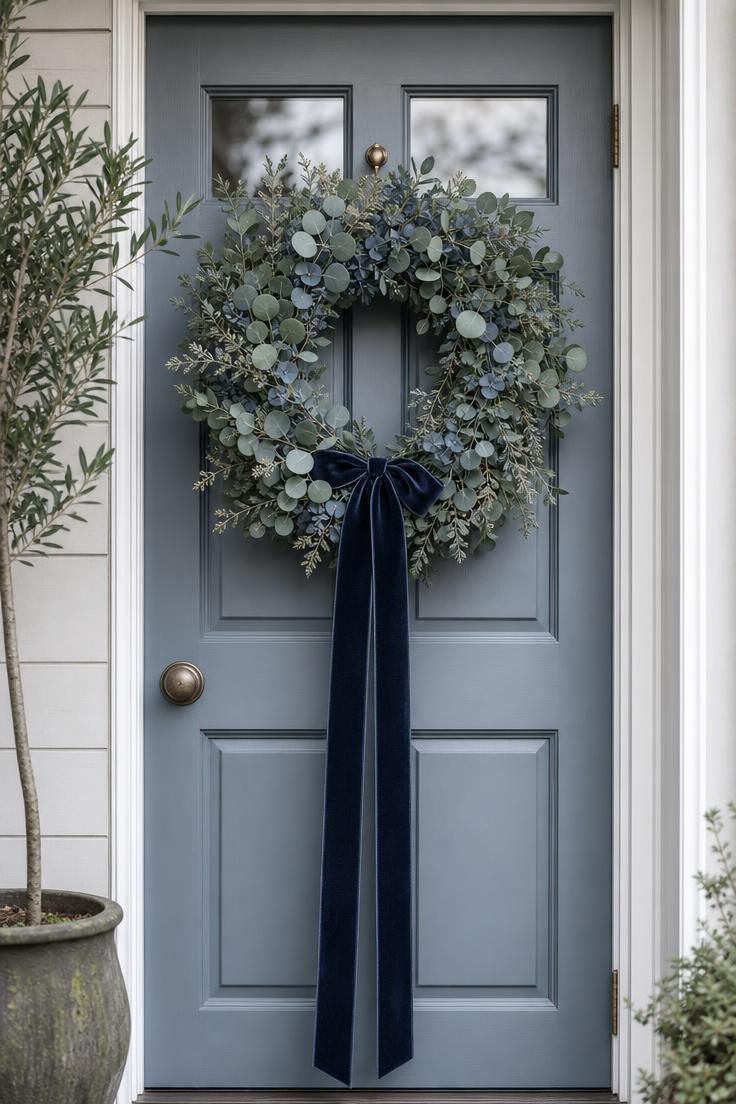 11 Cozy Blue and White Fall Decor Ideas for Warmth 6 A dried blue eucalyptus wreath with a navy velvet ribbon hanging on a chalk-painted blue-grey front door with a brass knob.