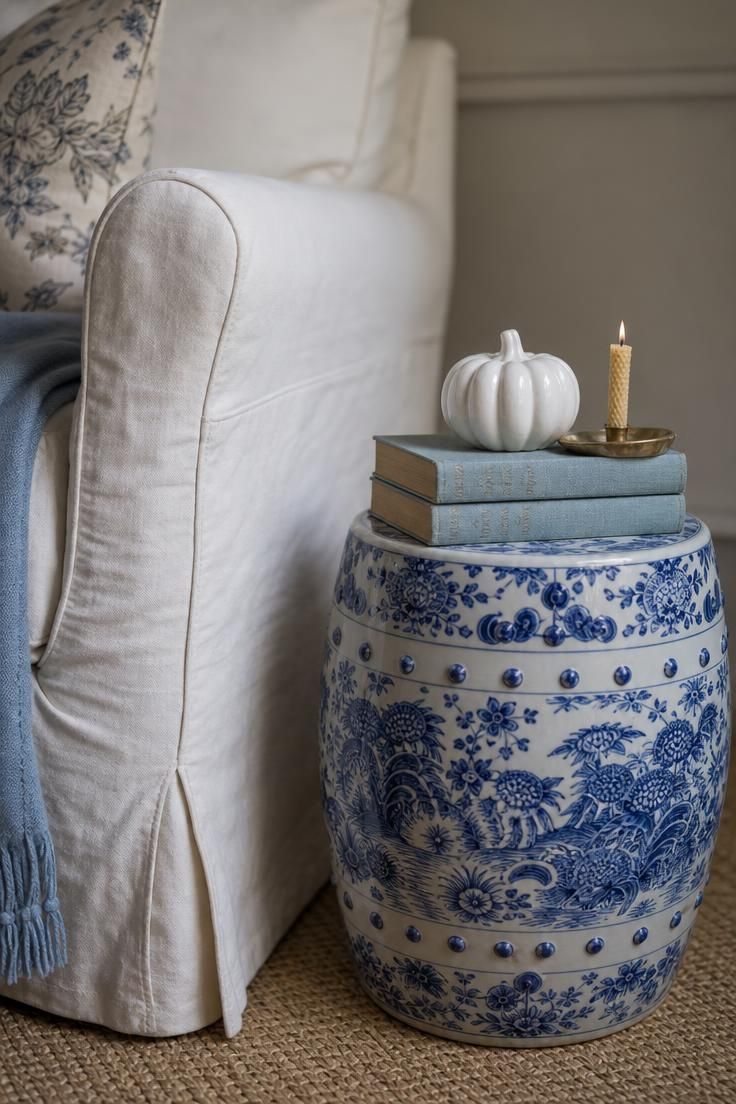 11 Cozy Blue and White Fall Decor Ideas for Warmth 7 A blue and white chinoiserie garden stool used as a side table with books, a white ceramic pumpkin, and a brass dish beside a white slipcovered chair.