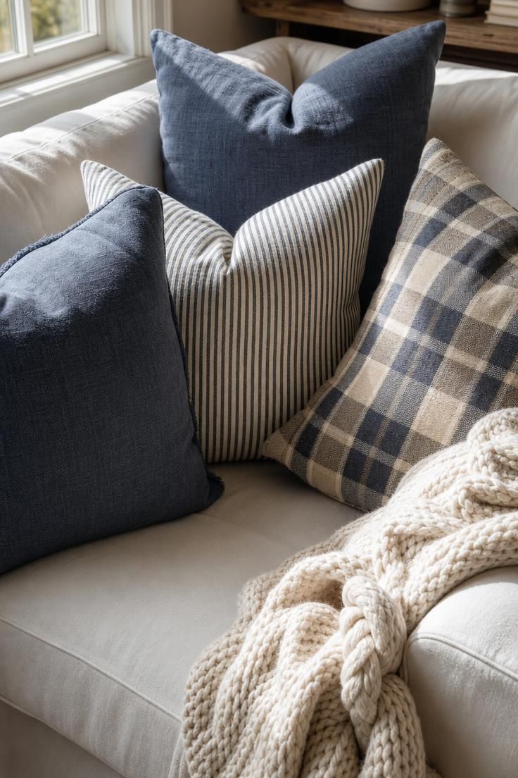 11 Cozy Blue and White Fall Decor Ideas for Warmth 8 Slate blue linen, blue and white ticking stripe, and muted plaid pillows on a white slipcovered sofa with a chunky cream wool throw.