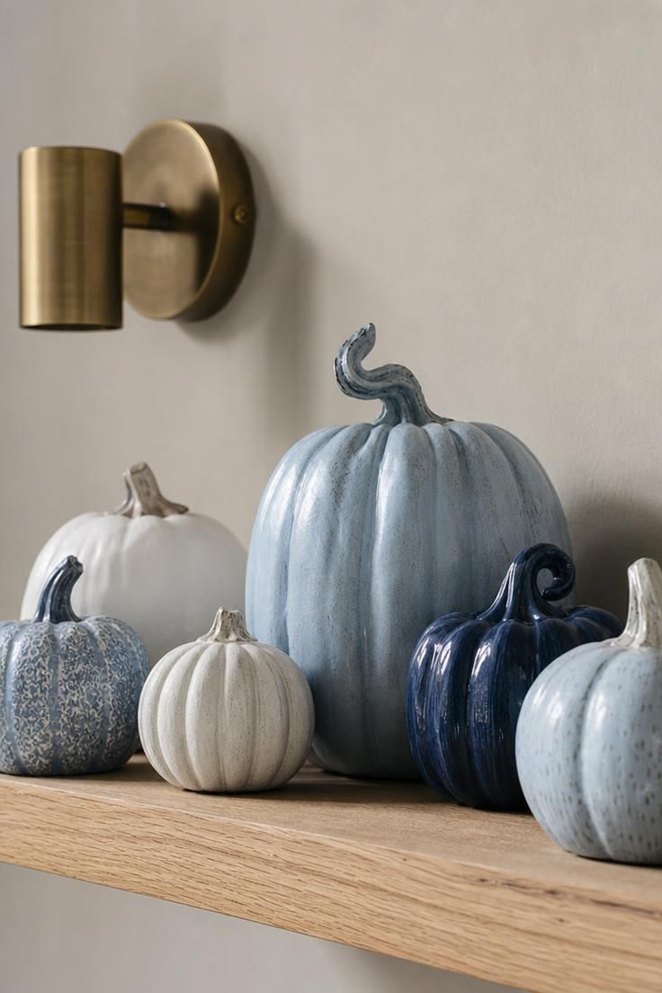 11 Cozy Blue and White Fall Decor Ideas for Warmth 11 Powder blue, chalk white, and indigo ceramic pumpkins clustered on a floating oak shelf with a brass sconce on a putty-grey wall.